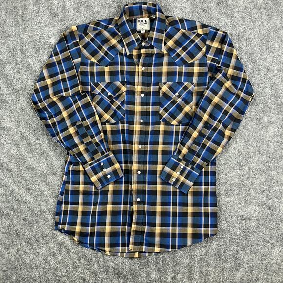 Ely Cattleman Button-Up Shirt Mens M Blue Tan Plaid Western Pearl Snap - Picture 2 of 9